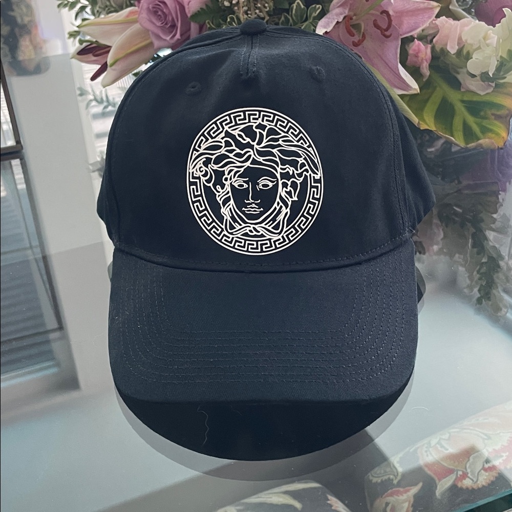 Versace Black Hat with White Medusa Authentication Tag